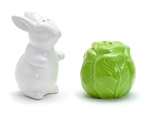 Two's Company Easter Bunny and Cabbage Leaf Hand-Painted Salt and Pepper Shaker Set