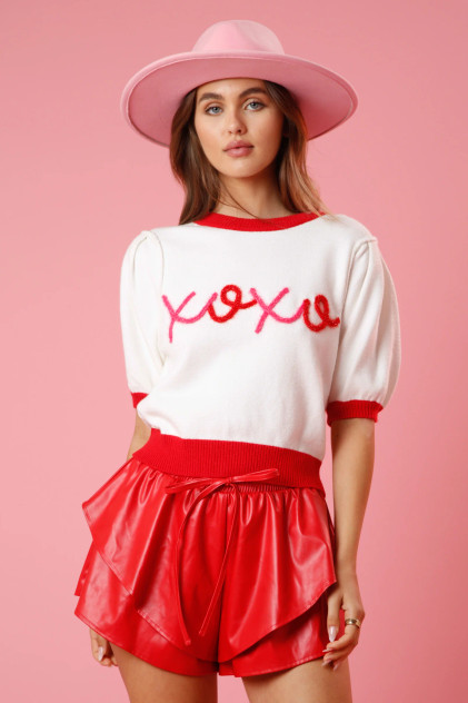 Peach Love Colorblock Lurex Embroidery Sweater