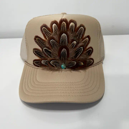 Sami Jay Feather Trucker Hat Western Cowgirl Hat Khaki