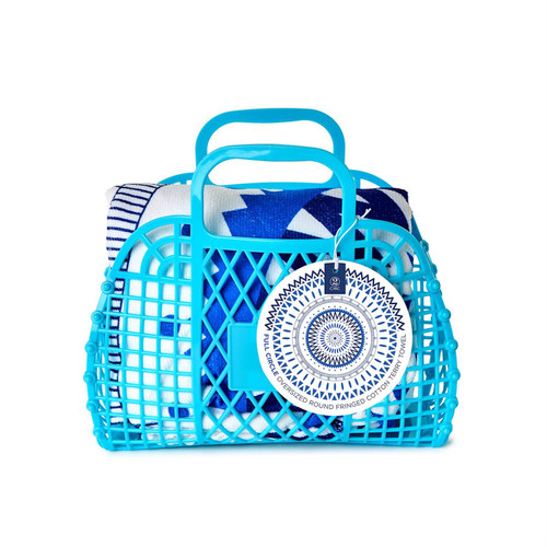 Two's Company Full Circle Blue and White Graphic Design Towel with Fringe - Cotton Two's Company Full Circle Blue and White Graphic Design Towel with Fringe - Cotton