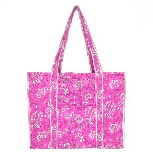 Anju Jewelry Quilted Block-Printed Tote Bag with Travel Pouch - Paisley Pink