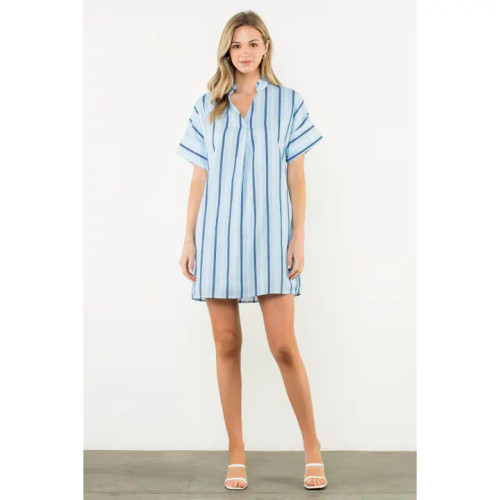 THML Light Blue V-Neck Striped Dress