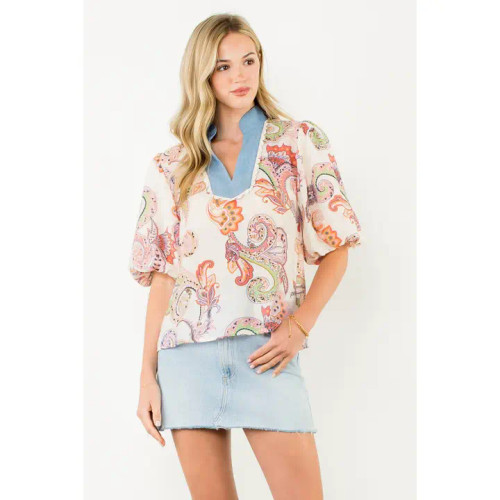THML Pink Puff Sleeve Paisley Top THML Pink Puff Sleeve Paisley Top
