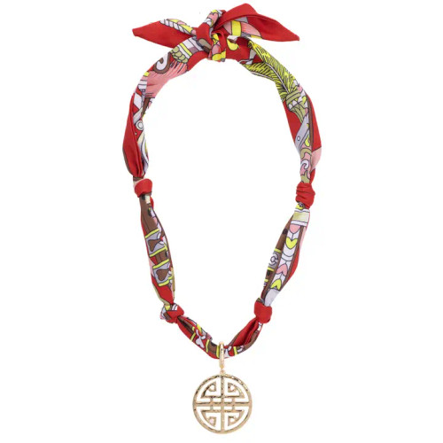 Canvas Cora Greek Keys Scarf Necklace in Red/Brown/Yellow