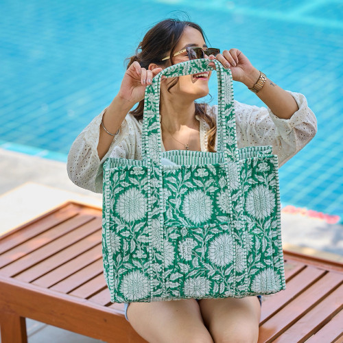 Anju Quilted Block-Printed Tote Bag with Travel Pouch - Teal Dandelion Anju Quilted Block-Printed Tote Bag with Travel Pouch - Teal Dandelion