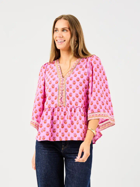 Mary Square Monroe Top - Floral Foulard Pink