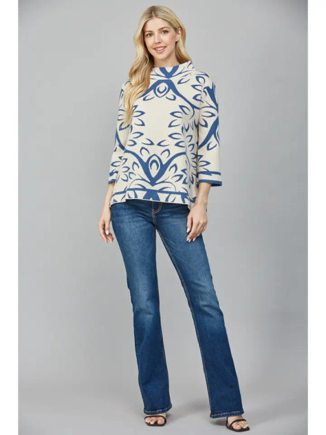 Fate Cream & Teal Jacquard Knit Mock Neck Sweater Fate Cream & Teal Jacquard Knit Mock Neck Sweater
