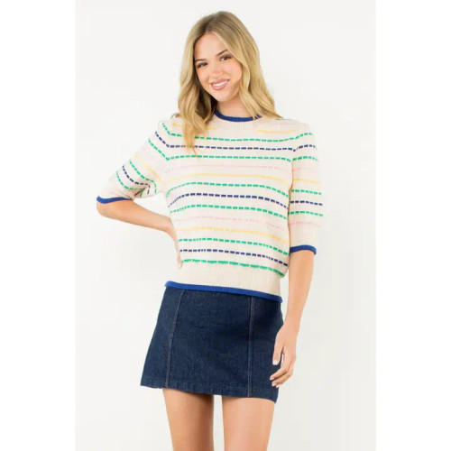 THML Cream Striped Puff Sleeve Knit Top THML Cream Striped Puff Sleeve Knit Top