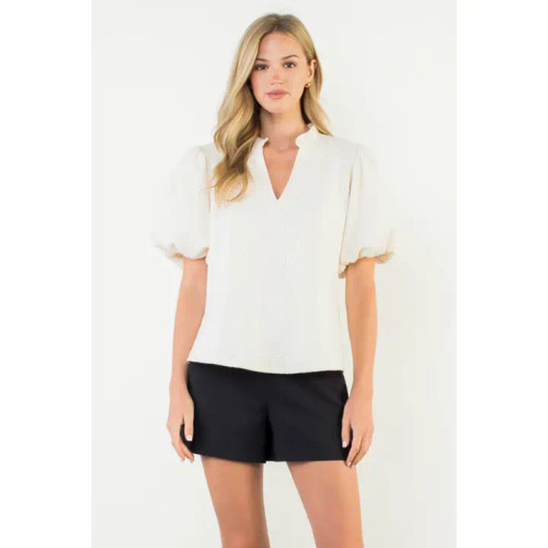 THML Cream Puff Sleeve V-Neck Textured Top THML Cream Puff Sleeve V-Neck Textured Top