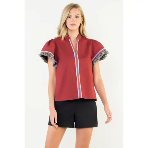 THML Burgundy Fringe Detail Short Sleeve Top THML Burgundy Fringe Detail Short Sleeve Top