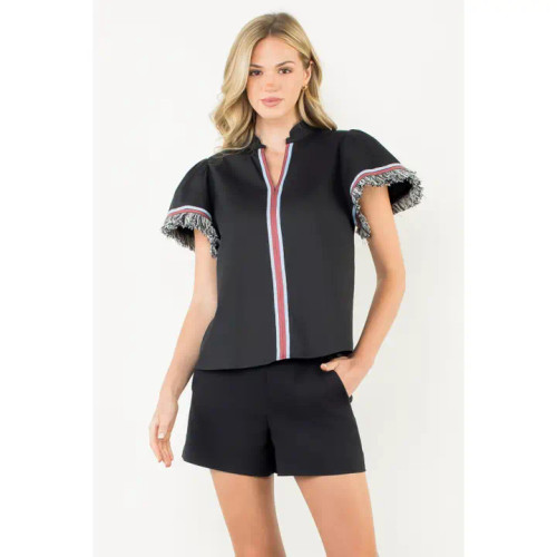 THML Black Fringe Detail Short Sleeve Top THML Black Fringe Detail Short Sleeve Top