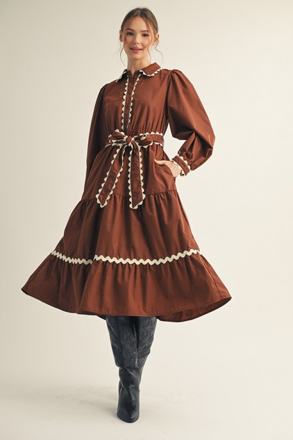 Jodifl Solid Belted Waist Midi Dress - Brown Jodifl Solid Belted Waist Midi Dress - Brown