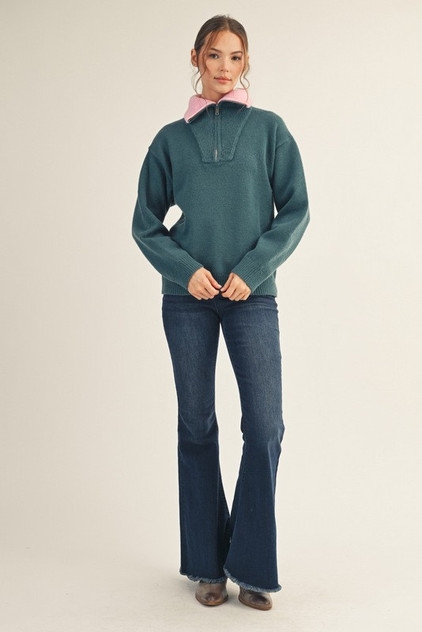 Jodifl Hunter Green Color Contrast Accent Zip Up Sweater Top Jodifl Hunter Green Color Contrast Accent Zip Up Sweater Top