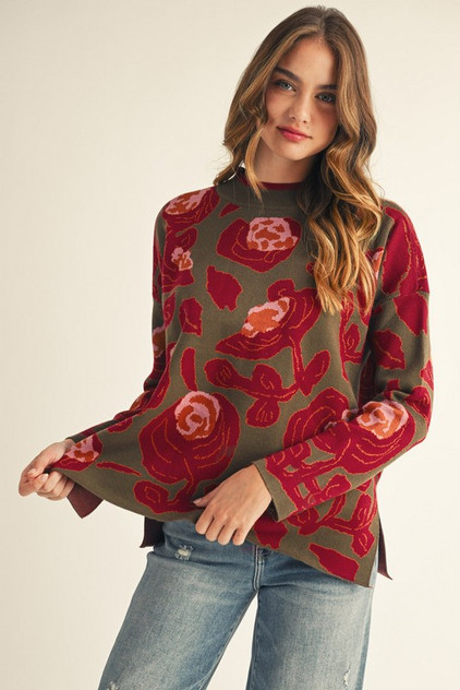 Jodifl Big Floral Pattern Sweater Top - Olive Jodifl Big Floral Pattern Sweater Top - Olive