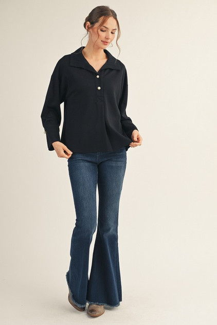 Jodifl Black Pearl Button Accent Elegant Top Jodifl Black Pearl Button Accent Elegant Top