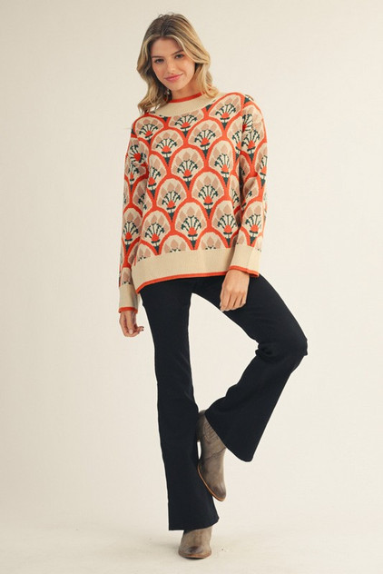 Jodifl Boho Floral Comfy Sweater Top - Brick Jodifl Boho Floral Comfy Sweater Top - Brick