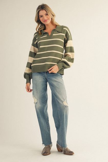 Jodifl Olive Bold Stripe Polo Sweater Top Jodifl Olive Bold Stripe Polo Sweater Top