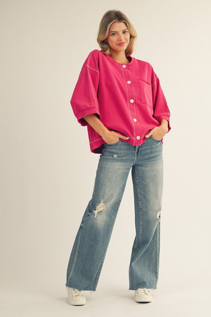 Jodifl Magenta Multi Color Stitch Accent Washed Top Jodifl Magenta Multi Color Stitch Accent Washed Top