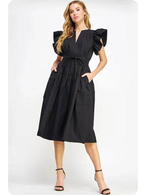 Strut & Bolt Flutter Sleeve Poplin Midi Dress - Black