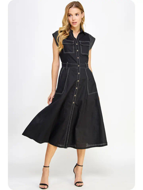 Strut & Bolt Black Top-Stitch Sleeveless Linen Midi Dress Strut & Bolt Black Top-Stitch Sleeveless Linen Midi Dress