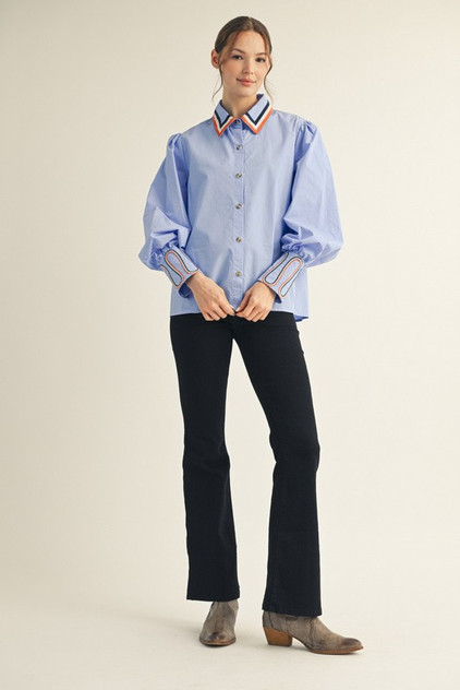 Jodifl Blue Embroidery Accent Button Down Shirt