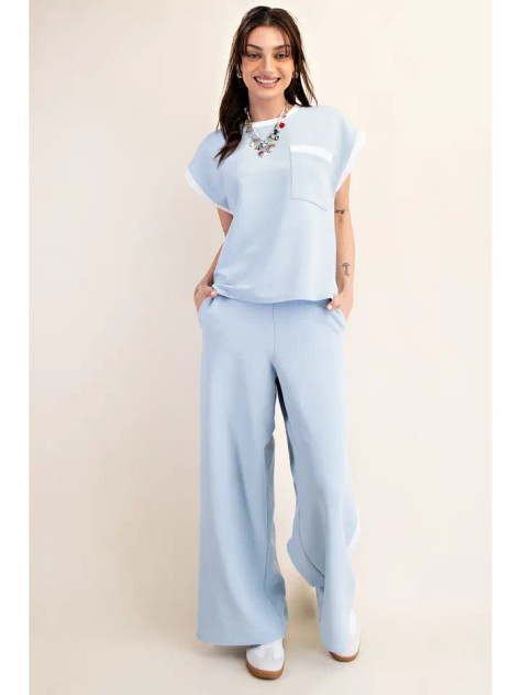 Glam Round Neck Contrast Pocket Top - Sky Glam Round Neck Contrast Pocket Top - Sky