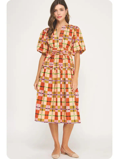 Strut & Bolt Puff Sleeve Plaid Midi Dress