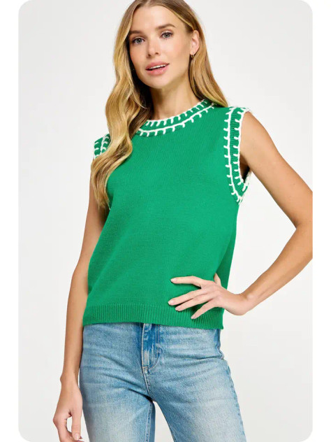 Strut & Bolt Embroidered Sleeveless Knit Tank Top - Emerald/White Strut & Bolt Embroidered Sleeveless Knit Tank Top - Emerald/White