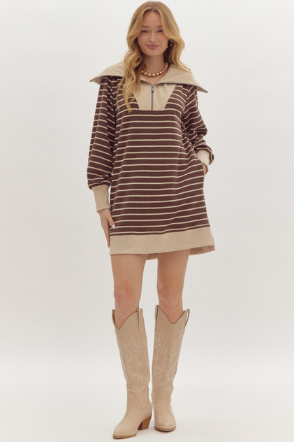 Entro Brown Long Sleeve Moini Dress with Oversized Collar Entro Brown Long Sleeve Moini Dress with Oversized Collar