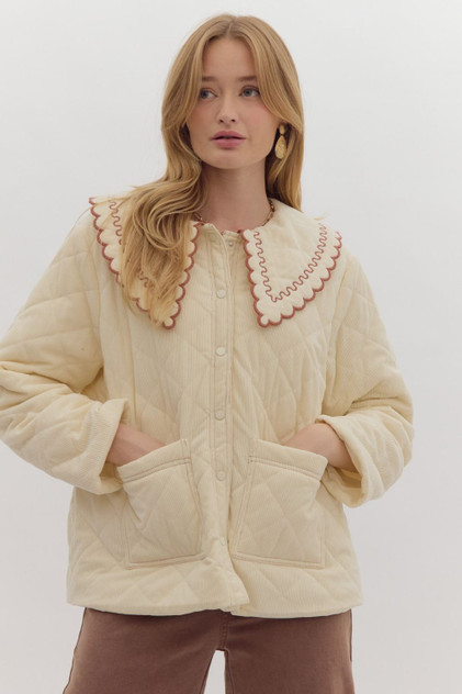 Entro Cream Quilted Oversized Collar Jacket Entro Cream Quilted Oversized Collar Jacket