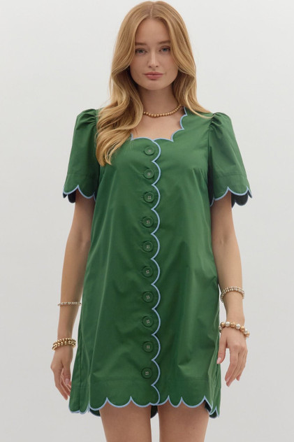 Entro Mini Dress with Accent Scallop Embroidered Edge - Hunter Green Entro Mini Dress with Accent Scallop Embroidered Edge - Hunter Green