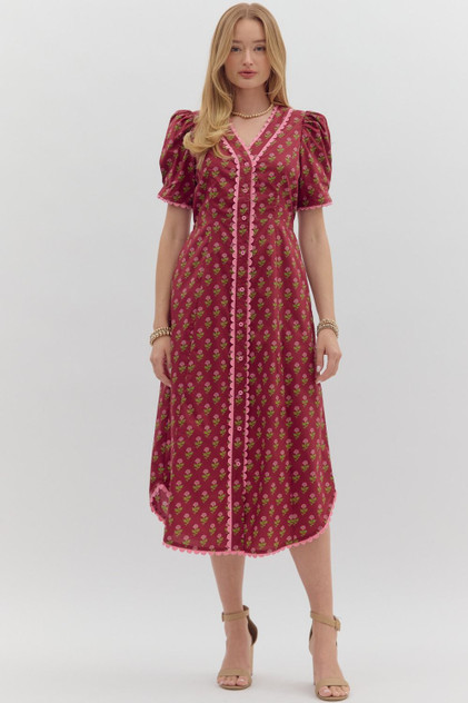 Entro Burgundy Floral Print Midi Dress Entro Burgundy Floral Print Midi Dress