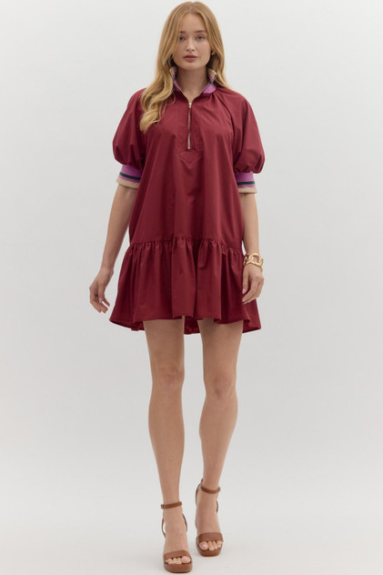 Entro Burgundy Puff Sleeve Ruffle Hem Mini Dress Entro Burgundy Puff Sleeve Ruffle Hem Mini Dress