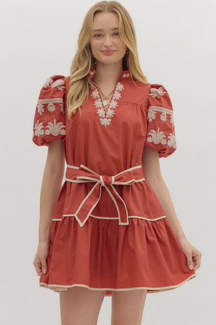 Entro Short Sleeve Embroidered Mini Dress - Rust Entro Short Sleeve Embroidered Mini Dress - Rust