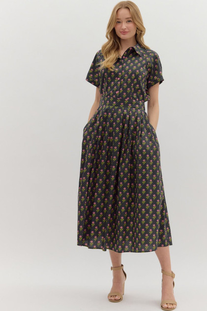 Entro Floral Pleated Midi Skirt - Black Entro Floral Pleated Midi Skirt - Black