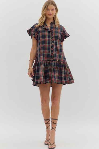 Entro Plaid Ruffle Hem Mini Dress - Navy Entro Plaid Ruffle Hem Mini Dress - Navy