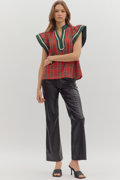 Entro Women's Red Plaid Flutter Sleeve Top Entro Women's Red Plaid Flutter Sleeve Top