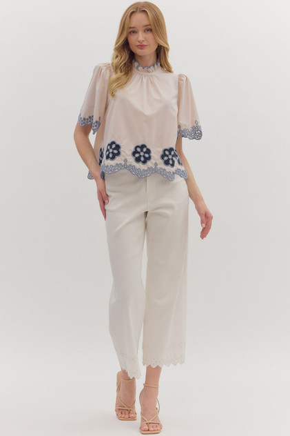 Entro Ecru Floral Embroidery Flutter Sleeve Top Entro Ecru Floral Embroidery Flutter Sleeve Top