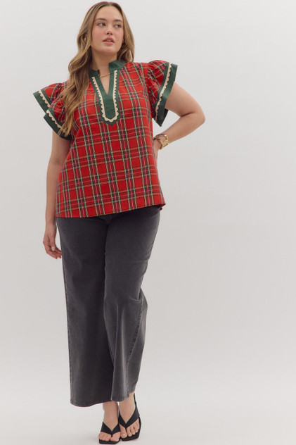 Entro Women's Plus Size Plaid Flutter Sleeve Top Entro Women's Plus Size Plaid Flutter Sleeve Top