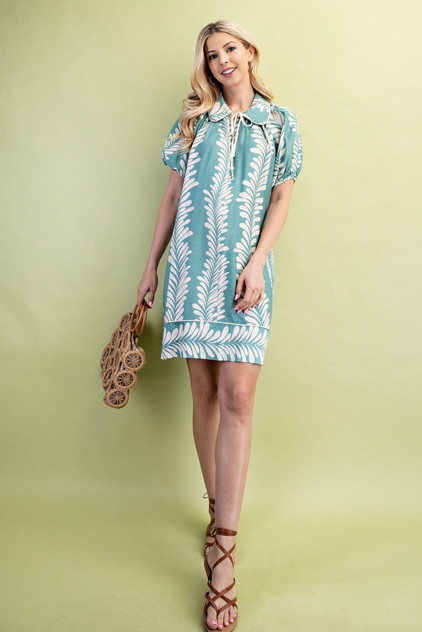 GiGiO Printed Balloon Sleeve Dress - Dusty Mint/Cream