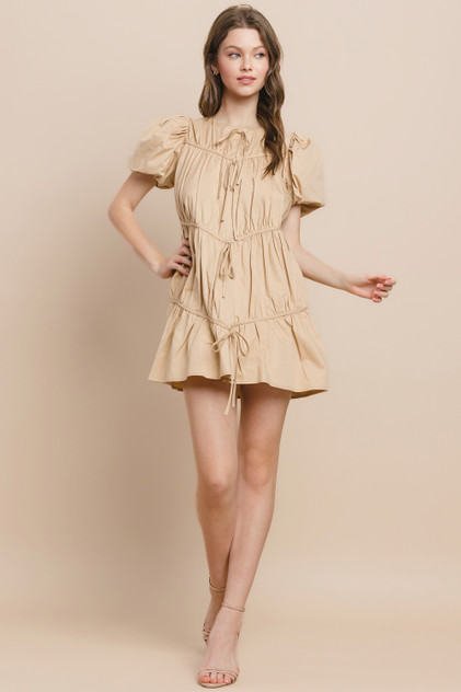 TCEC Khaki Tiered Puff Sleeve Dress TCEC Khaki Tiered Puff Sleeve Dress