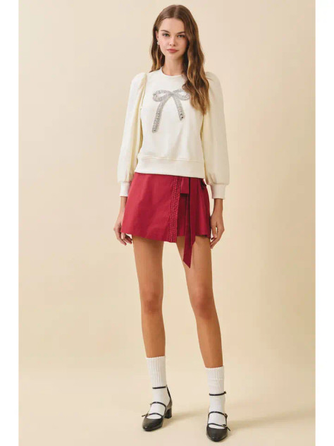 TCEC Wrap Front Braided Trim Detail Self Tie Skort - Crimson