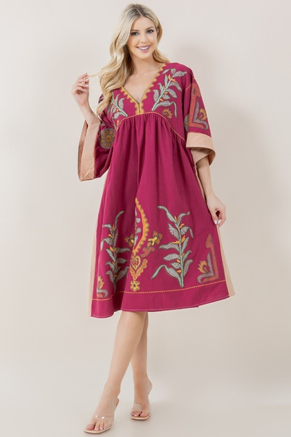 Sundayup Wine Contrast Long Sleeve V-Neck Embroidered Dress Sundayup Wine Contrast Long Sleeve V-Neck Embroidered Dress