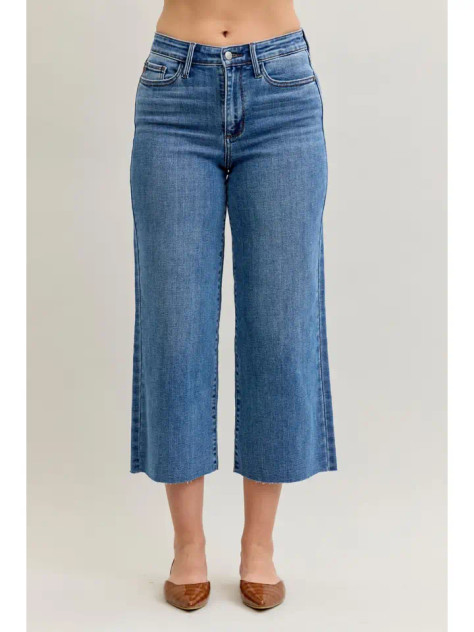 Judy Blue High Waisted Wide Crop Classic Raw Hem - Medium Denim Judy Blue High Waisted Wide Crop Classic Raw Hem - Medium Denim
