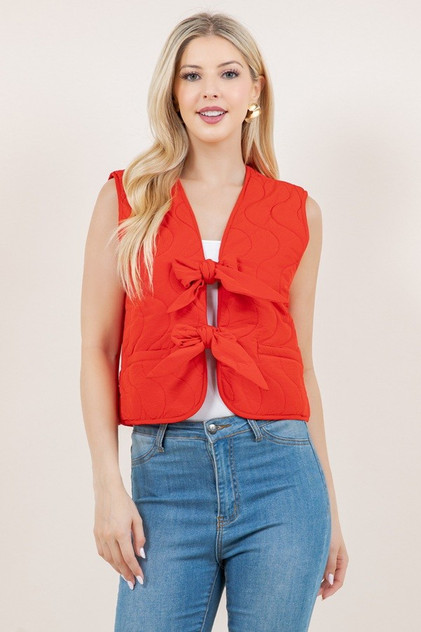 Sundayup Red Solid Quilted Front Bows Vest Sundayup Red Solid Quilted Front Bows Vest