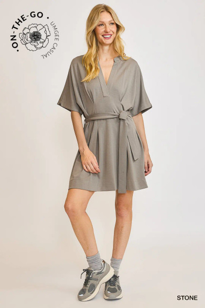 Umgee Stone Luxeknit Pleated Dress with Dolman Sleeves Umgee Stone Luxeknit Pleated Dress with Dolman Sleeves