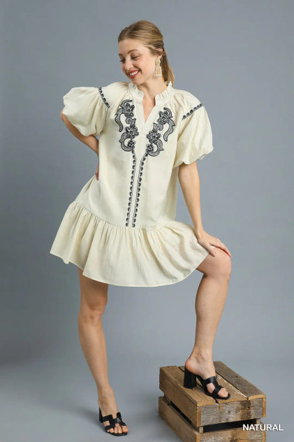 Umgee Natural Embroidered Babydoll Dress Umgee Natural Embroidered Babydoll Dress