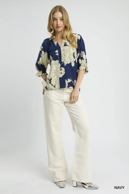 Umgee Navy Peony Print High Neck Top Umgee Navy Peony Print High Neck Top