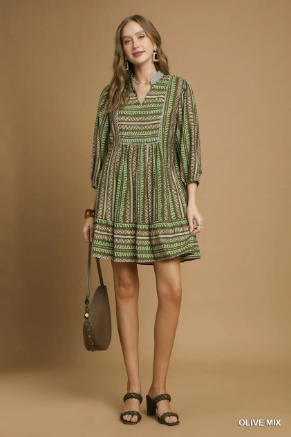 Umgee Olive Aztec Print Babydoll Dress Umgee Olive Aztec Print Babydoll Dress