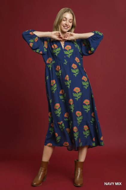 Umgee Women's Navy Floral Print Maxi Dress with Bubble Sleeves Umgee Women's Navy Floral Print Maxi Dress with Bubble Sleeves